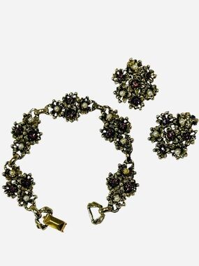 Vintage Floral Purple Rhinestone Faux Pearl Link Bracelet Earring Set